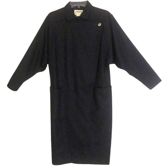 VTG JAEGER London Wool Coat Dress Womens 12 Charcoal Dolman Long Sleeve Pockets - Picture 2 of 16